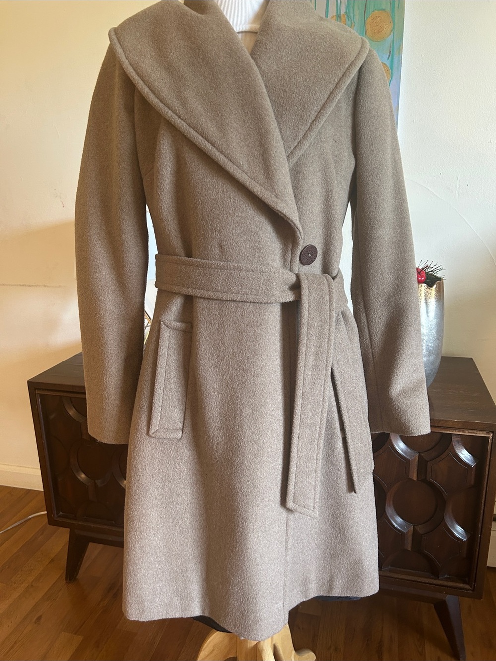 Womens Taupe Belted Wool-Blend Wrap Trench Coat
